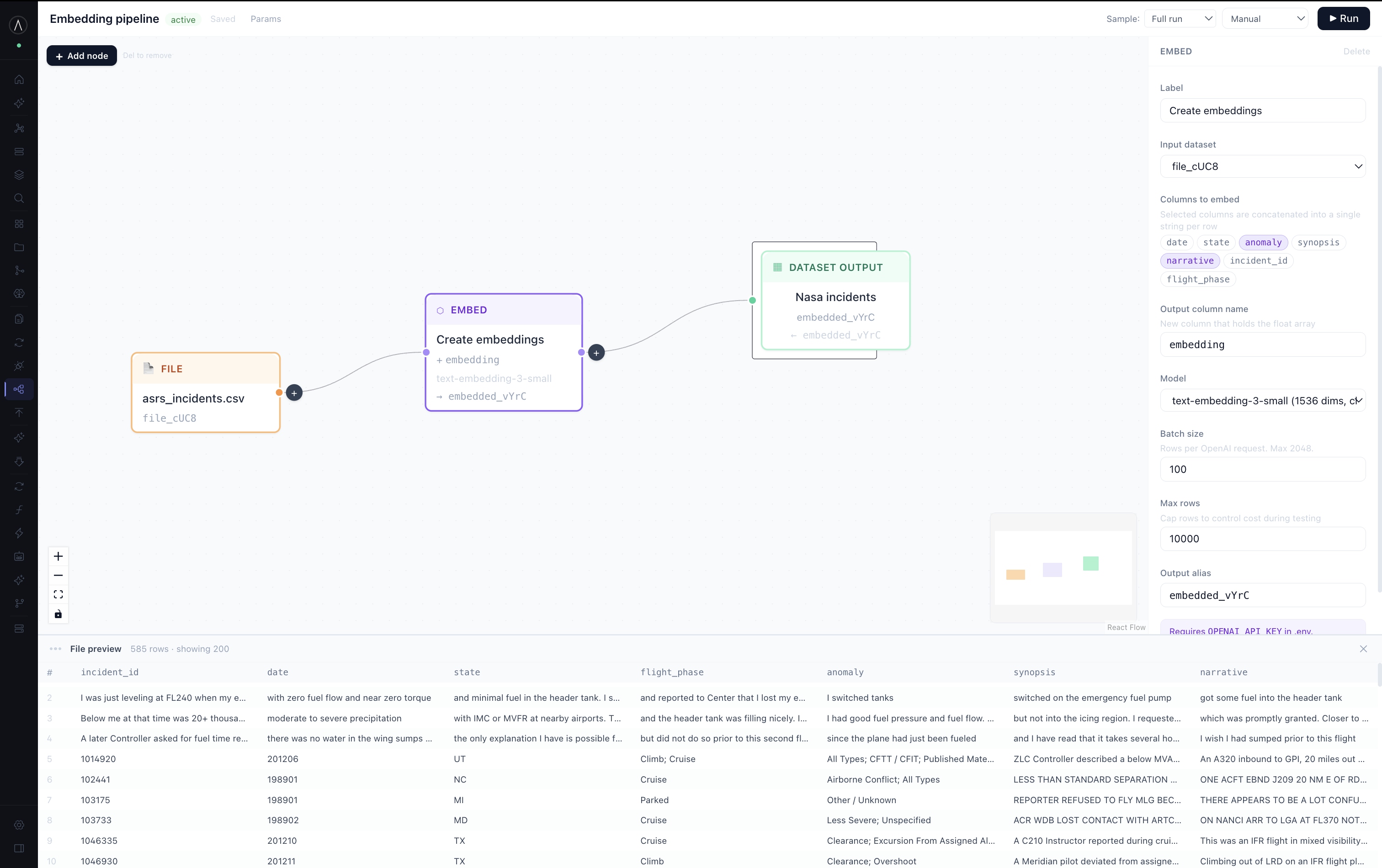 Pipeline with an embed node configured over the narrative and anomaly columns