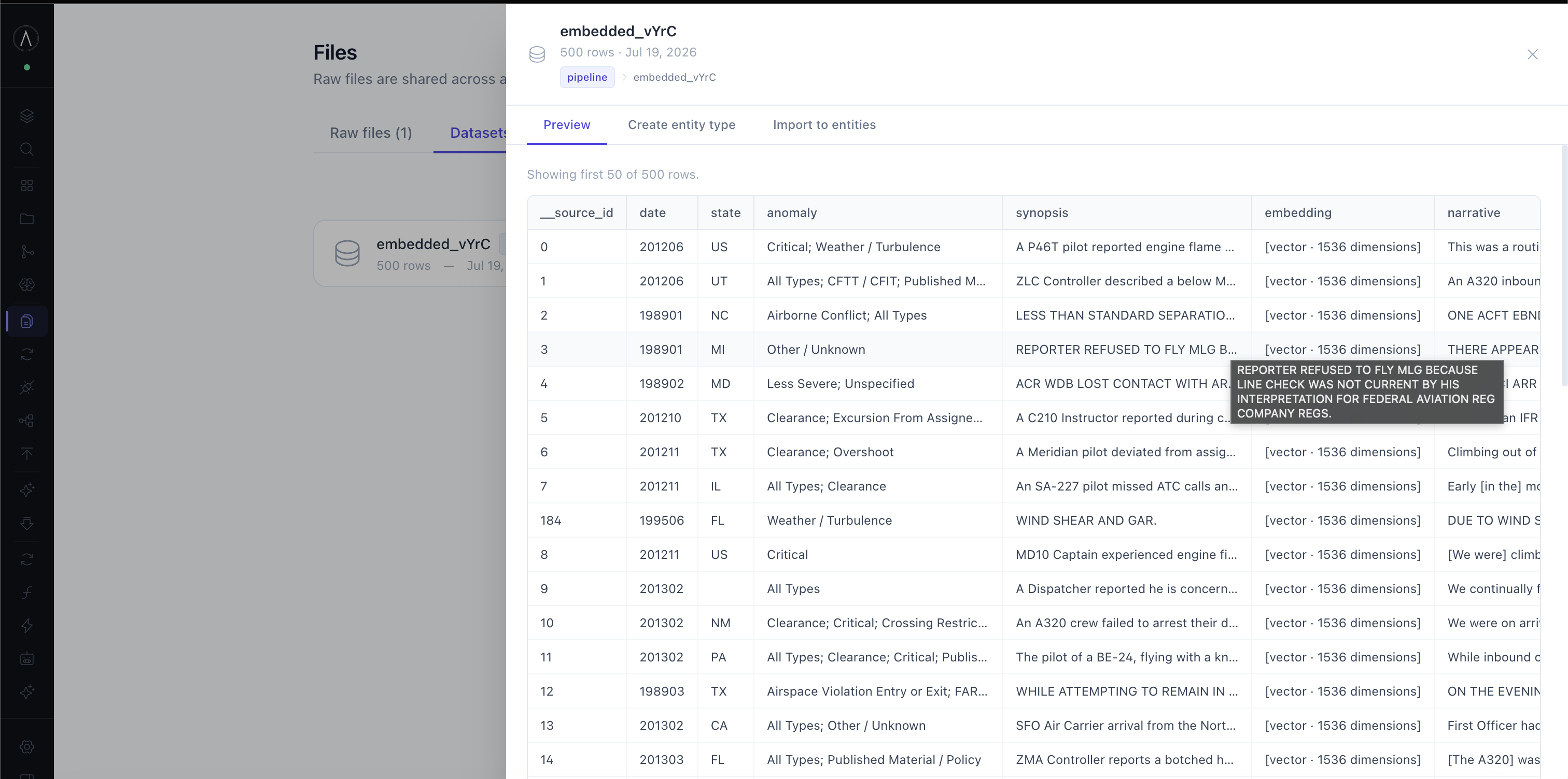 ASRS incident type in the ontology with its vector property