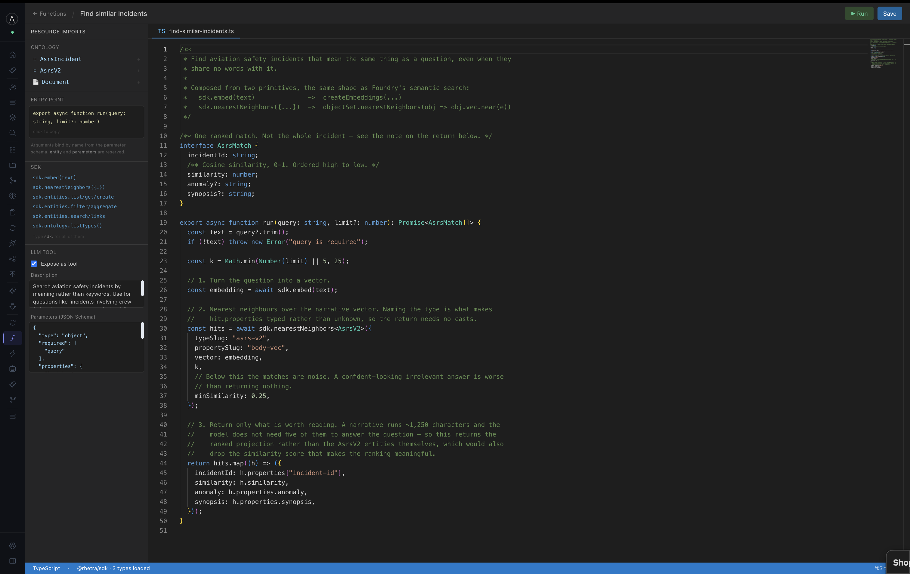The semantic search function in the editor, typed against the ontology