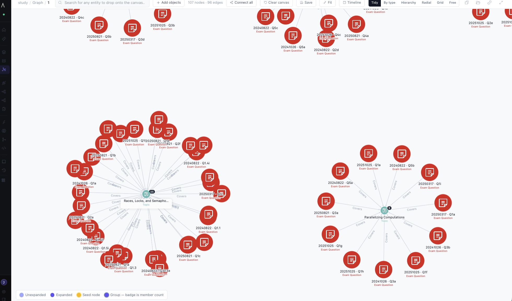 Exam questions clustered around course topics in the graph explorer