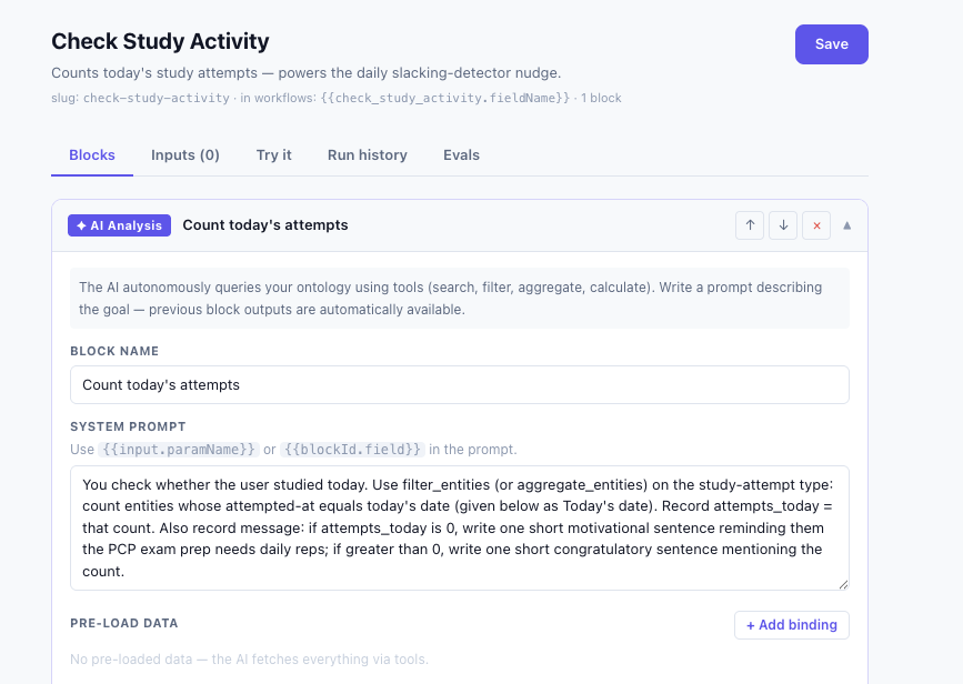 The check-study-activity logic function: one AI Analysis block with its system prompt, and no pre-loaded data