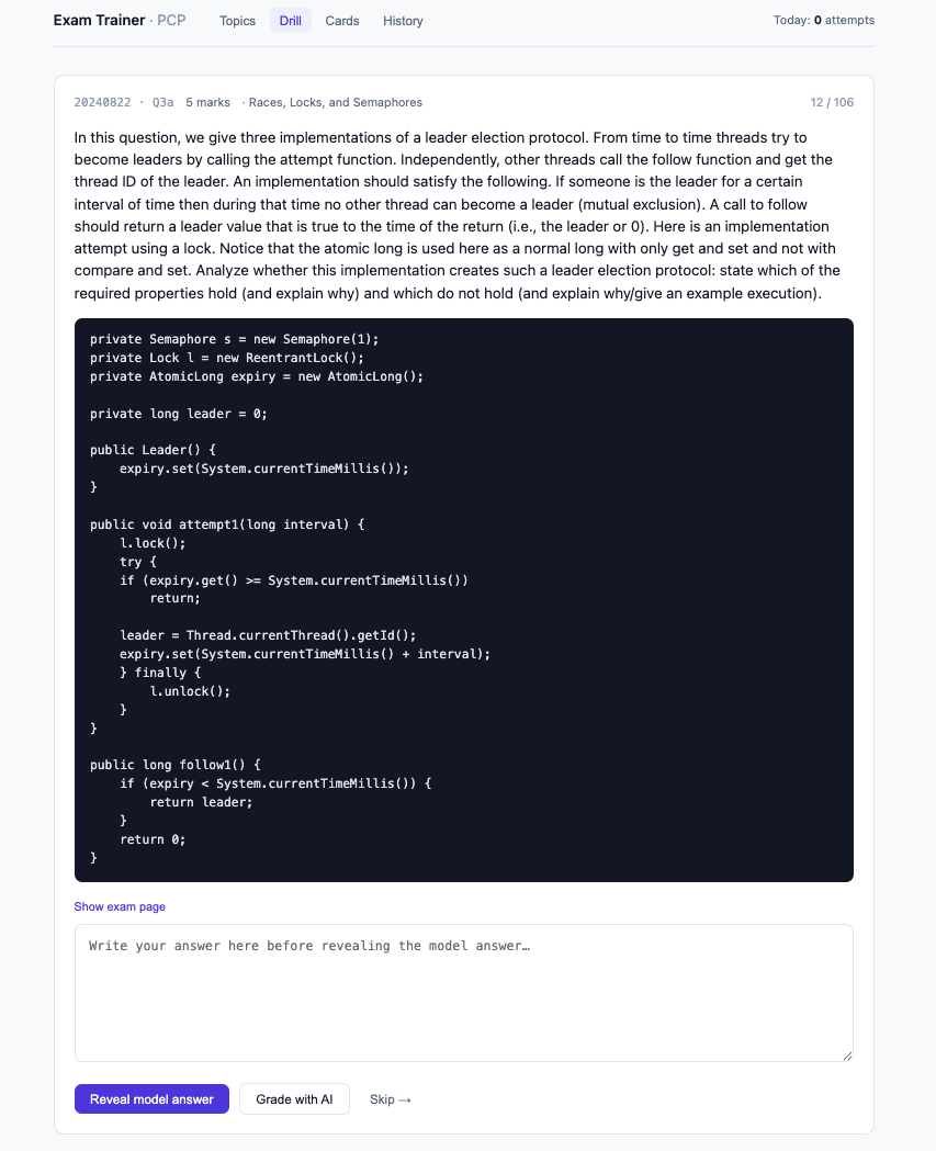 Drill view: one exam question with its code listing, an answer box, and the Reveal model answer, Grade with AI and Skip buttons