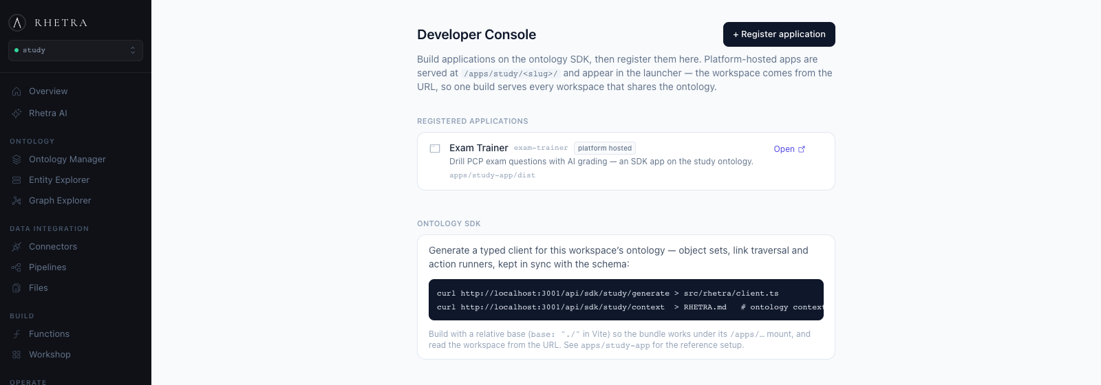 Developer Console with Exam Trainer registered as a platform-hosted app, and the two commands that generate the typed ontology client