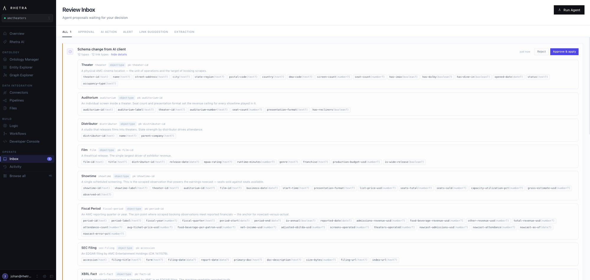 The Review Inbox: schema change from AI client, 12 types and 12 link types, every type card with its properties, Reject and Approve and apply buttons